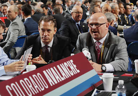 Joe Sakic and Alan Hepple of the Colorado Avalanche. (Photo by Bruce Bennett/Getty Images)