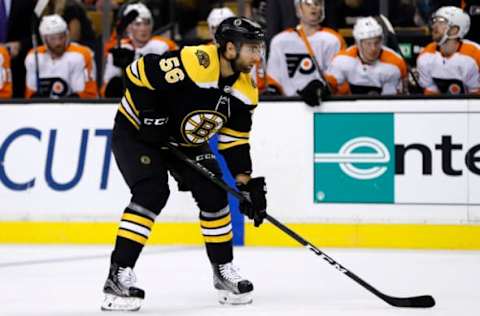 BOSTON, MA – SEPTEMBER 21: Boston Bruins left defenseman Tommy Cross (56) eyes a face off during a preseason game between the Boston Bruins and the Philadelphia Flyers on September 21, 2017, at TD Garden in Boston, Massachusetts. The Bruins defeated the Flyers 2-1 (OT). (Photo by Fred Kfoury III/Icon Sportswire via Getty Images)