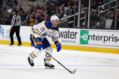 SAN JOSE, CALIFORNIA – FEBRUARY 18: Zemgus Girgensons #28 of the Buffalo Sabres in action against the San Jose Sharks at SAP Center on February 18, 2023 in San Jose, California. (Photo by Ezra Shaw/Getty Images)