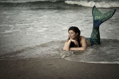 A mermaid looking contemplative on the shore