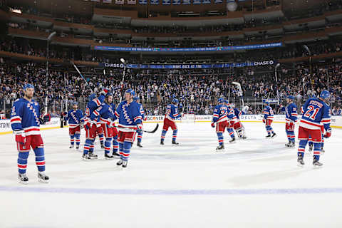 NEW YORK, NY – MAY 02: The New York Rangers celebrate after defeating the Ottawa Senators 4-1 in Game Three of the Eastern Conference Second Round during the 2017 NHL Stanley Cup Playoffs at Madison Square Garden on May 2, 2017 in New York City. (Photo by Jared Silber/NHLI via Getty Images)