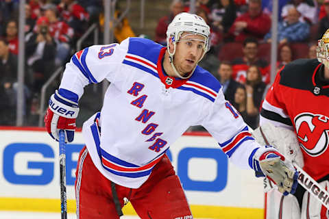 NEWARK, NJ – APRIL 03: New York Rangers center Kevin Hayes (13) skates during the second period of the National Hockey League Game between the New Jersey Devils and the New York Rangers on April 3, 2018, at the Prudential Center in Newark, NJ. (Photo by Rich Graessle/Icon Sportswire via Getty Images)