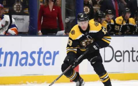 UNIONDALE, NEW YORK – FEBRUARY 29: Charlie Coyle #13 of the Boston Bruins skates against the New York Islanders at NYCB Live’s Nassau Coliseum on February 29, 2020 in Uniondale, New York. The Bruins shut-out the Islanders 4-0. (Photo by Bruce Bennett/Getty Images)