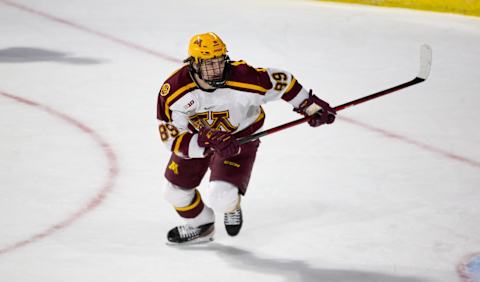 WORCESTER, MA – MARCH 25: Matthew Knies #89 of the Minnesota Golden Gophers  . (Photo by Richard T Gagnon/Getty Images)