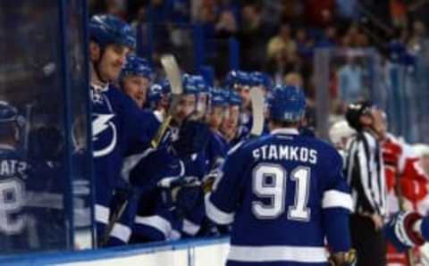 Mar 22, 2016; Tampa, FL, USA; Tampa Bay Lightning center Steven Stamkos (91) is congratulated by the beach after he scored a goal against the Detroit Red Wings during the second period at Amalie Arena. Mandatory Credit: Kim Klement-USA TODAY Sports