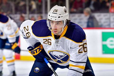 NEWARK, NJ – FEBRUARY 06: Matt Moulson #26 of the Buffalo Sabres prepares for a face-off against the New Jersey Devils during the first period at Prudential Center on February 6, 2017 in Newark, New Jersey. The New Jersey Devils defeated the Buffalo Sabres 2-1. (Photo by Steven Ryan/Getty Images)