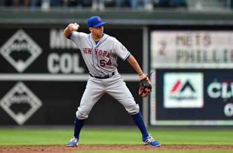 Oct 1, 2016; Philadelphia, PA, USA; New York Mets second baseman T.J. Rivera (54) in action during a baseball game against the Philadelphia Phillies at Citizens Bank Park. Mandatory Credit: Derik Hamilton-USA TODAY Sports