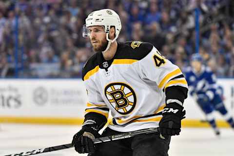 TAMPA, FL – MAY 06: Boston Bruins center David Krejci (46) during the first period of an NHL Stanley Cup Eastern Conference Playoffs game between the Boston Bruins and the Tampa Bay Lightning on May 06, 2018, at Amalie Arena in Tampa, FL. (Photo by Roy K. Miller/Icon Sportswire via Getty Images)