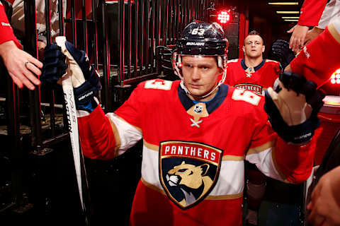 SUNRISE, FL – FEBRUARY 24: Evgeni Dadonov #63 of the Florida Panthers is greeted by fans while heading out to the ice prior to warm ups against the Pittsburgh Penguins at the BB&T Center on February 24, 2018 in Sunrise, Florida. (Photo by Eliot J. Schechter/NHLI via Getty Images)