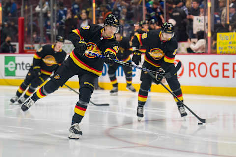 Apr 26, 2022; Vancouver, British Columbia, CAN; Vancouver Canucks forward Elias Pettersson (40) skates during warm up prior to a game against the Seattle Kraken at Rogers Arena. Mandatory Credit: Bob Frid-USA TODAY Sports