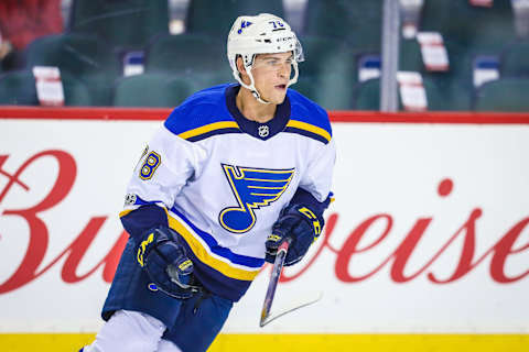 Nov 13, 2017; Calgary, Alberta, CAN; St. Louis Blues right wing Beau Bennett (78) skates during the warmup period against the Calgary Flames at Scotiabank Saddledome. Mandatory Credit: Sergei Belski-USA TODAY Sports