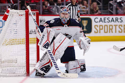 WASHINGTON, DC – MARCH 21: Daniil Tarasov #40 of the Columbus Blue Jackets tends net against the Washington Capitals during the second period of the game at Capital One Arena on March 21, 2023 in Washington, DC. (Photo by Scott Taetsch/Getty Images)