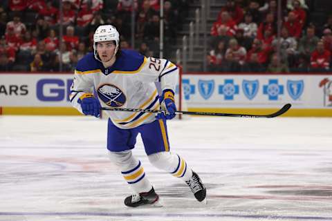 DETROIT, MICHIGAN – NOVEMBER 30: Owen Power #25 of the Buffalo Sabres skates against the Detroit Red Wings at Little Caesars Arena on November 30, 2022 in Detroit, Michigan. (Photo by Gregory Shamus/Getty Images)