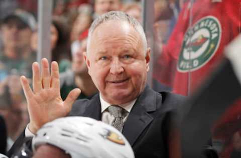 ST. PAUL, MN – Anaheim Ducks head coach Randy Carlyle leads his team against the Minnesota Wild (Photo by Bruce Kluckhohn/NHLI via Getty Images)