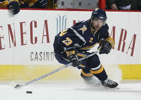 BUFFALO, NY – APRIL 27: Chris Drury #23 of the Buffalo Sabres skates against the NY Rangers during Game 2 of the 2007 Eastern Conference Semifinal game on April 27, 2007 at HSBC Arena in Buffalo, New York. (Photo by Rick Stewart/Getty Images)