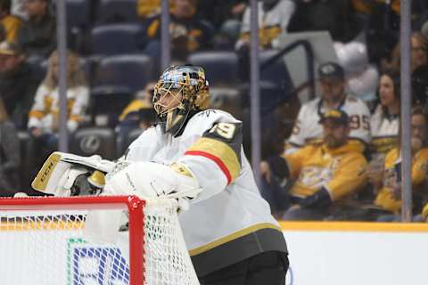 NASHVILLE, TN – FEBRUARY 01: Vegas Golden Knights goalie Marc-Andre Fleury (29) leans against the goal during the NHL game between the Nashville Predators and Vegas Golden Knights, held on February 1, 2020, at Bridgestone Arena in Nashville, Tennessee. (Photo by Danny Murphy/Icon Sportswire via Getty Images)