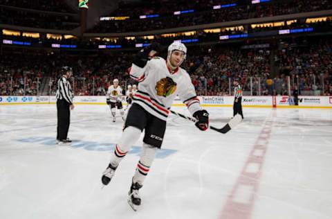 Feb 21, 2017; Saint Paul, MN, USA; Chicago Blackhawks forward Nick Schmaltz (8) celebrates his goal in the third period against the Minnesota Wild at Xcel Energy Center. The Chicago Blackhawks beat the Minnesota Wild 5-3. Mandatory Credit: Brad Rempel-USA TODAY Sports