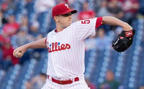 Apr 20, 2016; Philadelphia, PA, USA; Philadelphia Phillies starting pitcher Jeremy Hellickson (58) pitches during the first inning against the New York Mets at Citizens Bank Park. Mandatory Credit: Bill Streicher-USA TODAY Sports