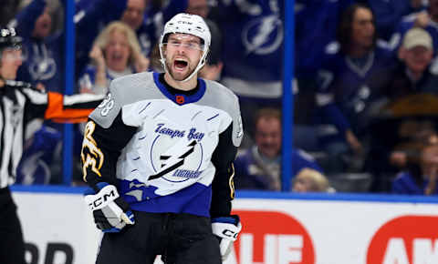 TAMPA, FLORIDA – JANUARY 26: Brandon Hagel #38 of the Tampa Bay Lightning celebrates a goal in the first period during a game against the Boston Bruins at Amalie Arena on January 26, 2023 in Tampa, Florida. (Photo by Mike Ehrmann/Getty Images )