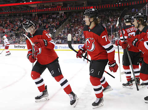 Yegor Sharangovich celebrates his goal for New Jersey Devils. (Photo by Elsa/Getty Images)