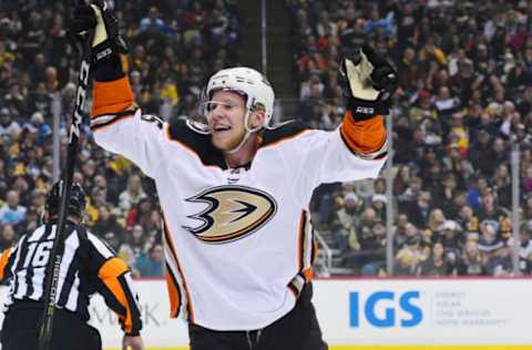 PITTSBURGH, PA – DECEMBER 23: Brandon Montour #25 of the Anaheim Ducks celebrates after a goal against the Pittsburgh Penguins. (Photo by Matt Kincaid/Getty Images)