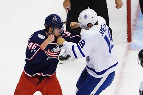 TORONTO, ONTARIO – AUGUST 07: Jason Spezza #19 of the Toronto Maple Leafs and Dean Kukan #46 of the Columbus Blue Jackets . (Photo by Andre Ringuette/Freestyle Photo/Getty Images)