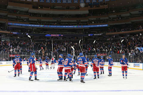 NEW YORK, NY – MARCH 09: The New York Rangers salute the crowd after defeating the New Jersey Devils 4-2 at Madison Square Garden on March 9, 2019 in New York City. (Photo by Jared Silber/NHLI via Getty Images)