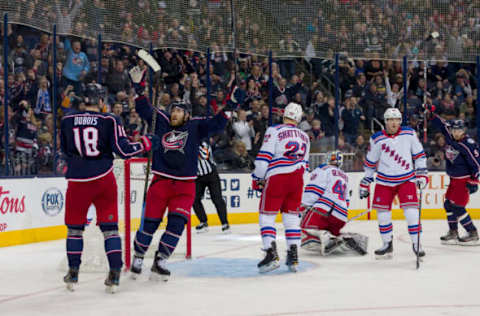 COLUMBUS, OH – JANUARY 13: Columbus Blue Jackets defenseman David Savard (58) celebrates after scoring a goal in a game between the Columbus Blue Jackets and the New York Rangers on January 13, 2019 at Nationwide Arena in Columbus, OH. (Photo by Adam Lacy/Icon Sportswire via Getty Images)