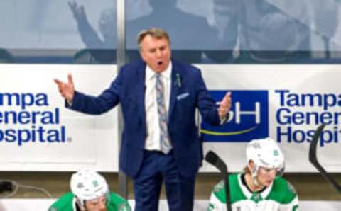 EDMONTON, ALBERTA – SEPTEMBER 19: Head coach Rick Bowness of the Dallas Stars reacts during the first period against the Tampa Bay Lightning Game One of the 2020 NHL Stanley Cup Final at Rogers Place on September 19, 2020 in Edmonton, Alberta, Canada. (Photo by Bruce Bennett/Getty Images)