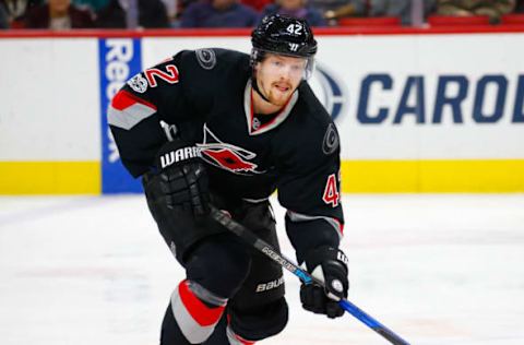 Feb 26, 2017; Raleigh, NC, USA; Carolina Hurricanes forward Joakim Nordstrom (42) skates against the Calgary Flames at PNC Arena. The Calgary Flames defeated the Carolina Hurricanes 3-1. Mandatory Credit: James Guillory-USA TODAY Sports