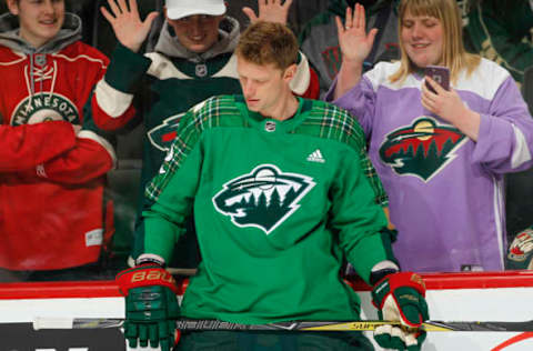 ST. PAUL, MN – MARCH 13: Eric Staal #12 of the Minnesota Wild wears a green St. Patrick’s Day jersey during warmups prior to the game against the Colorado Avalanche at the Xcel Energy Center on March 13, 2018 in St. Paul, Minnesota. (Photo by Bruce Kluckhohn/NHLI via Getty Images)