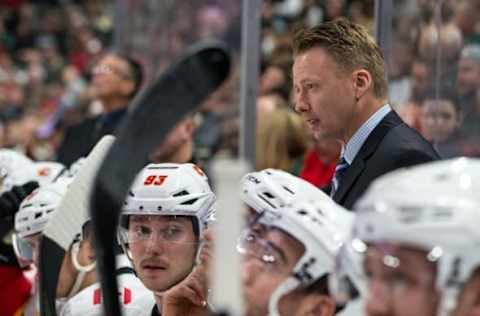 Nov 15, 2016; Saint Paul, MN, USA; Calgary Flames head coach Glen Gulutzan looks on during the second period against the Minnesota Wild at Xcel Energy Center. The Flames defeated the Wild 1-0. Mandatory Credit: Brace Hemmelgarn-USA TODAY Sports