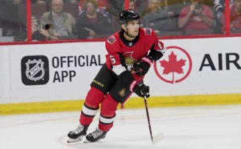 Sep 29, 2018; Ottawa, Ontario, CAN; Ottawa Senators defenseman Chris Wideman (6) skates with the puck in the first period against the Montreal Canadiens at Canadian Tire Centre. Mandatory Credit: Marc DesRosiers-USA TODAY Sports