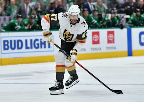 DALLAS, TX – NOVEMBER 25: Max Pacioretty #67 of the Vegas Golden Knights handles the puck against the Dallas Stars at the American Airlines Center on November 25, 2019 in Dallas, Texas. (Photo by Glenn James/NHLI via Getty Images)