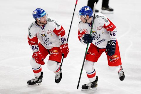 Czech Republic’s Tomas Kundratek and David Jiricek celebrate (Photo by Christine OLSSON / TT NEWS AGENCY / AFP)