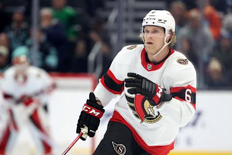 Jakob Chychrun of the Ottawa Senators skates against the Seattle Kraken. | Photo by Steph Chambers for Getty Images