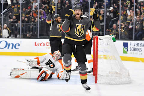 LAS VEGAS, NEVADA – JANUARY 02: Jon Merrill #15 of the Vegas Golden Knights celebrates after scoring a goal during the first period against the Philadelphia Flyers at T-Mobile Arena on January 02, 2020 in Las Vegas, Nevada. (Photo by Jeff Bottari/NHLI via Getty Images)