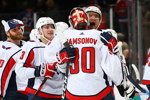 UNIONDALE, NEW YORK – JANUARY 18: Alex Ovechkin #8 of the Washington Capitals celebrates with Ilya Samsonov #30 after defeating the New York Islanders 6-4 at NYCB Live’s Nassau Coliseum on January 18, 2020 in Uniondale, New York. (Photo by Mike Stobe/NHLI via Getty Images)