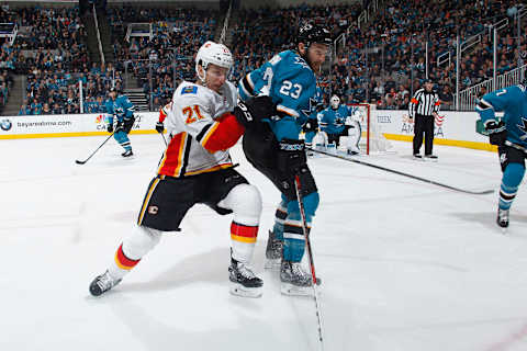 SAN JOSE, CA – MARCH 24: Garnet Hathaway #21 of the Calgary Flames skates against Barclay Goodrow #23 of the San Jose Sharks at SAP Center on March 24, 2018 in San Jose, California. (Photo by Rocky W. Widner/NHL/Getty Images) *** Local Caption *** Garnet Hathaway; Barclay Goodrow