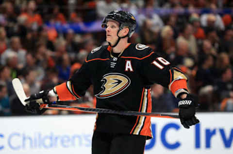 ANAHEIM, CA – APRIL 14: Corey Perry #10 of the Anaheim Ducks looks on during the third period in Game Two of the Western Conference First Round against the San Jose Sharks during the 2018 NHL Stanley Cup Playoffs at Honda Center on April 14, 2018, in Anaheim, California. The San Jose Sharks defeated the Anaheim Ducks 3-2. (Photo by Sean M. Haffey/Getty Images)