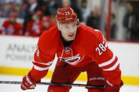 Feb 4, 2014; Raleigh, NC, USA; Carolina Hurricanes forward Alexander Semin (28) looks on against the Winnipeg Jets at PNC Arena. The Winnipeg Jets defeated the Carolina Hurricanes 2-1. Mandatory Credit: James Guillory-USA TODAY Sports