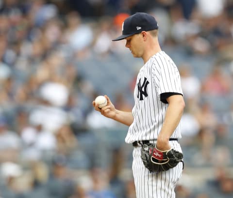 NEW YORK, NY – AUGUST 1: Pitcher Sonny Gray #55 of the New York Yankees reacts in an MLB baseball game against the Baltimore Orioles on August 1, 2018 at Yankee Stadium in the Bronx borough of New York City. Orioles won 7-5. (Photo by Paul Bereswill/Getty Images)