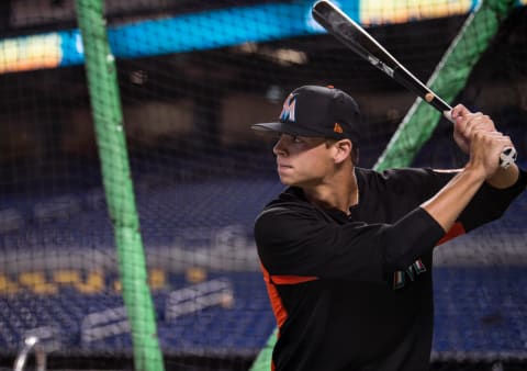 MIAMI, FL – JUNE 8: Miami Marlins’ 2018 first round draft pick Connor Scott takes batting practice before the game between the Miami Marlins and the San Diego Padres at Marlins Park on June 8, 2018 in Miami, Florida. (Photo by Rob Foldy/Miami Marlins via Getty Images)