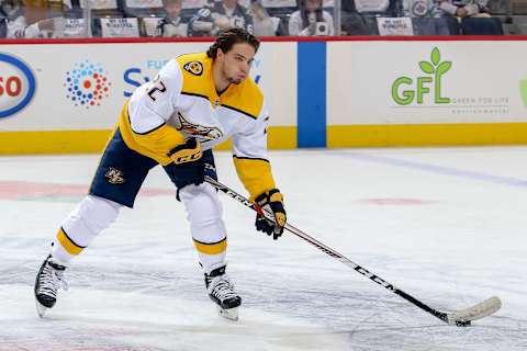 WINNIPEG, MB – MAY 1: Kevin Fiala #22 of the Nashville Predators takes part in the pre-game warm up prior to NHL action against the Winnipeg Jets in Game Three of the Western Conference Second Round during the 2018 NHL Stanley Cup Playoffs at the Bell MTS Place on May 1, 2018 in Winnipeg, Manitoba, Canada. (Photo by Jonathan Kozub/NHLI via Getty Images)