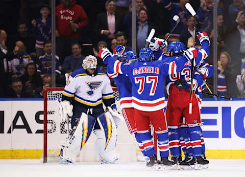 NEW YORK, NEW YORK – MARCH 03: Mika Zibanejad #93 of the New York Rangers celebrates his goal against Jordan Binnington #50 of the St. Louis Blues during their game at Madison Square Garden on March 03, 2020 in New York City. (Photo by Al Bello/Getty Images)