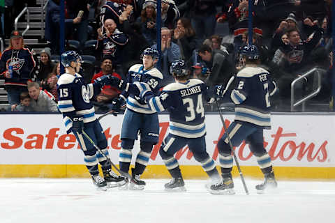 COLUMBUS, OH – NOVEMBER 20: Yegor Chinakhov #59 of the Columbus Blue Jackets is congratulated by his teammates after scoring a goal during the first period of the game against the Florida Panthers at Nationwide Arena on November 20, 2022 in Columbus, Ohio. (Photo by Kirk Irwin/Getty Images)