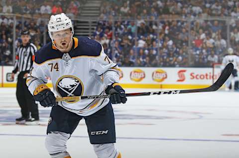 TORONTO,ON – SEPTEMBER 21: Rasmus Asplund #74 of the Buffalo Sabres skates against the Toronto Maple Leafs during an NHL pre-season game at Scotiabank Arena on September 21, 2018 in Toronto, Ontario, Canada. The Maple Leafs defeated the Sabres 5-3. (Photo by Claus Andersen/Getty Images)