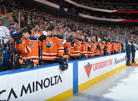 EDMONTON, AB – OCTOBER 26: Players of the Edmonton Oilers skates during the game against the Dallas Stars on October 26, 2017 at Rogers Place in Edmonton, Alberta, Canada. (Photo by Andy Devlin/NHLI via Getty Images)