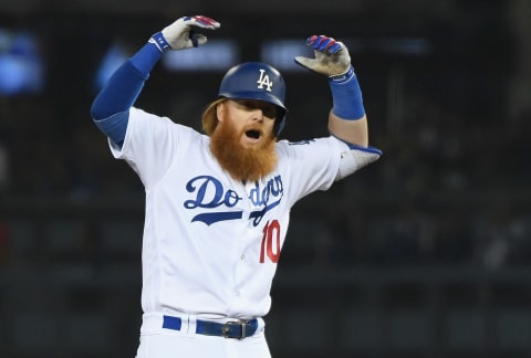 LOS ANGELES, CA – OCTOBER 27: Justin Turner #10 of the Los Angeles Dodgers reacts after hitting a double to left field in the sixith inning of Game Four of the 2018 World Series against the Boston Red Sox at Dodger Stadium on October 27, 2018 in Los Angeles, California. (Photo by Harry How/Getty Images)