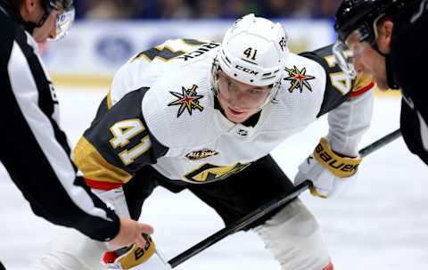 Nolan Patrick takes a faceoff against the Tampa Bay Lightning. (Photo by Mike Ehrmann/Getty Images)